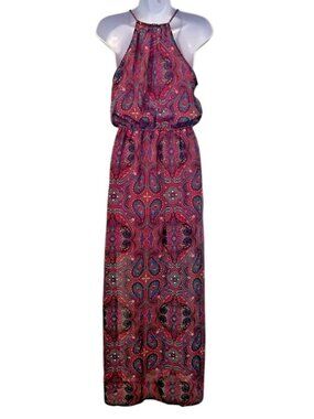 L8ter Womens Paisley Maxi Dress Size S Pink Blue Sheer Slide Slits Elastic Waist